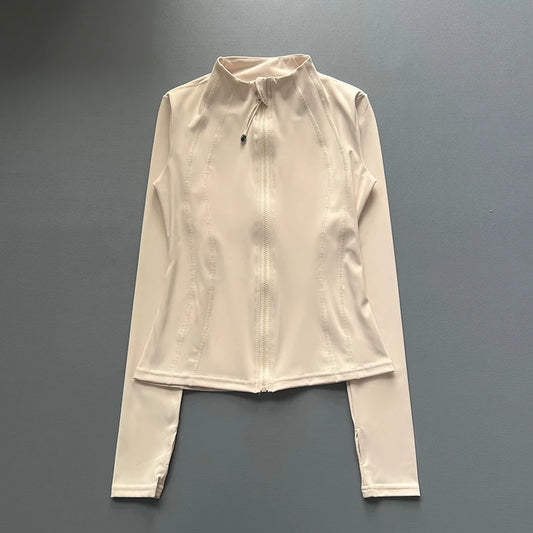 Windproof Fitted Yoga Jacket for Women-Thickened Stand Collar Long Sleeve Cardigan for Running Gym/Fall Cycling with Quick-Dry