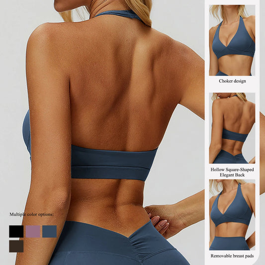 Women's Halter Neck Padded Sports Yoga Bra Female Shock Absorption Support Backless Top for Outdoor Running Gym Crop Top