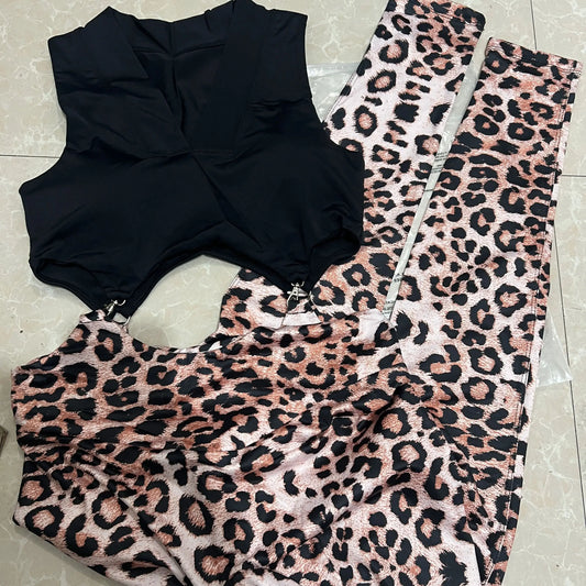 Women's 2024 New INS Network Red Same Leopard Print Sexy Hollow Running Sports Bodysuit Hip Lift Fitness Yoga Pants