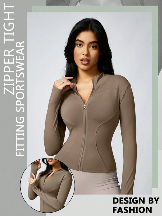 Women's Solid Color Zipper Turtleneck Sports Jacket, Long-Sleeved Sports Top, Gym Wear, Ladies' Sportswear for Indoor and Outdoo