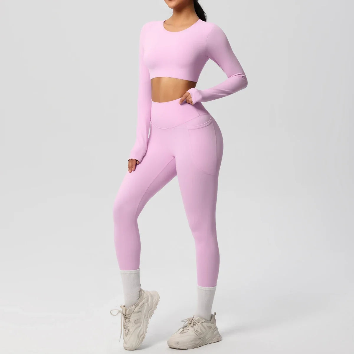 Yoga Set Women Sportswear Yoga Clothes Fitness Long Sleeve With Padded Tracksuits Sports Suit Gym Top High Waist Leggings Pocket