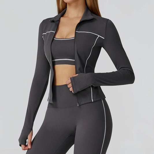 Women Sport Jacket Zipper Yoga Coat Clothes Quick Dry Fitness Jacket Running Long Sleeves Thumb Hole Sportwear Gym Workout Top