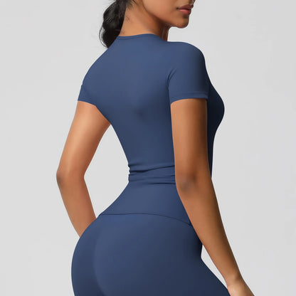 Women Running Sports T Shirt Summer Short Sleeve Round Neck Breathable Stretchy GYM Yoga Slim Fitness Active Top