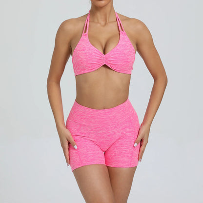 Sport Bra Halter Yoga Set Gym Pocket V Back Shorts Women Workout Tops Women Fitness Leggings Gym Active Wear