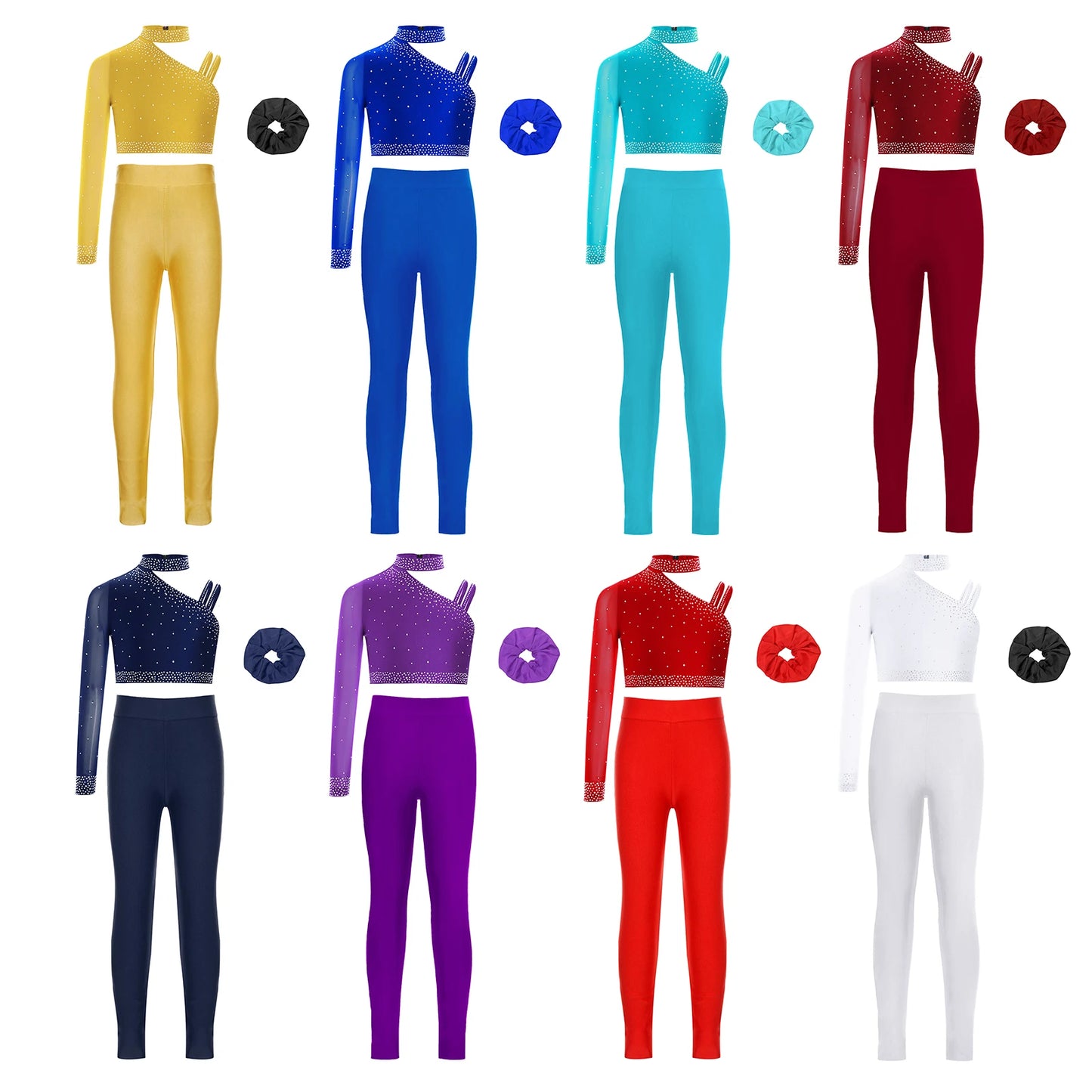 Girls Ballet Dance Outfit Unique Irregular Shoulder Rhinestones Crop Top with Hairband Leggings for Figure Skating Gymnastics