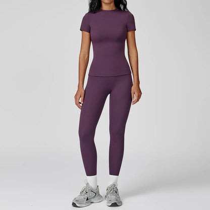 2PCS Yoga Set Women Tracksuits Seamless Workout Set Sportswear Gym Clothing Fitness Sshort Sleeve Crop Top High Waist Leggings