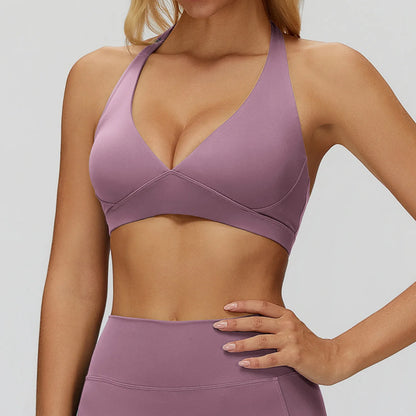 Women's Halter Neck Padded Sports Yoga Bra Female Shock Absorption Support Backless Top for Outdoor Running Gym Crop Top