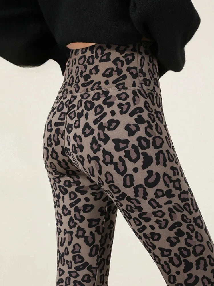 Autumn Winter Leopard Print Leggings Women's Velvet Pants Ankle Length High Waist Slim Elastic Warm Yoga Sport Leggings Women