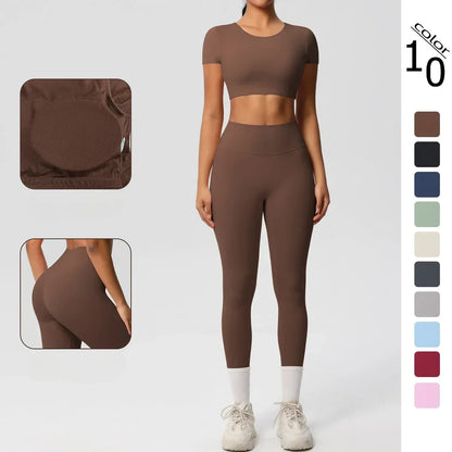 Yoga Suit Women Leggings with Pocketed Quick-Drying Gym Set Women Tracksuit Running Workout Short Sleeves Sports Yoga Clothing