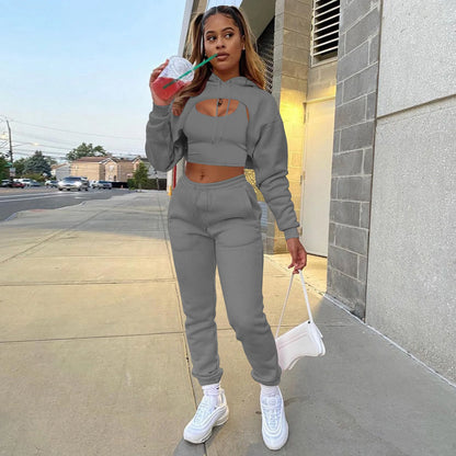 3 Pieces Sets Women Outfits Sweatpants & Hoodie Set Cropped Tops Fleece Pants Suit Tracksuit Fitness Sport Jogger Woman Clothing