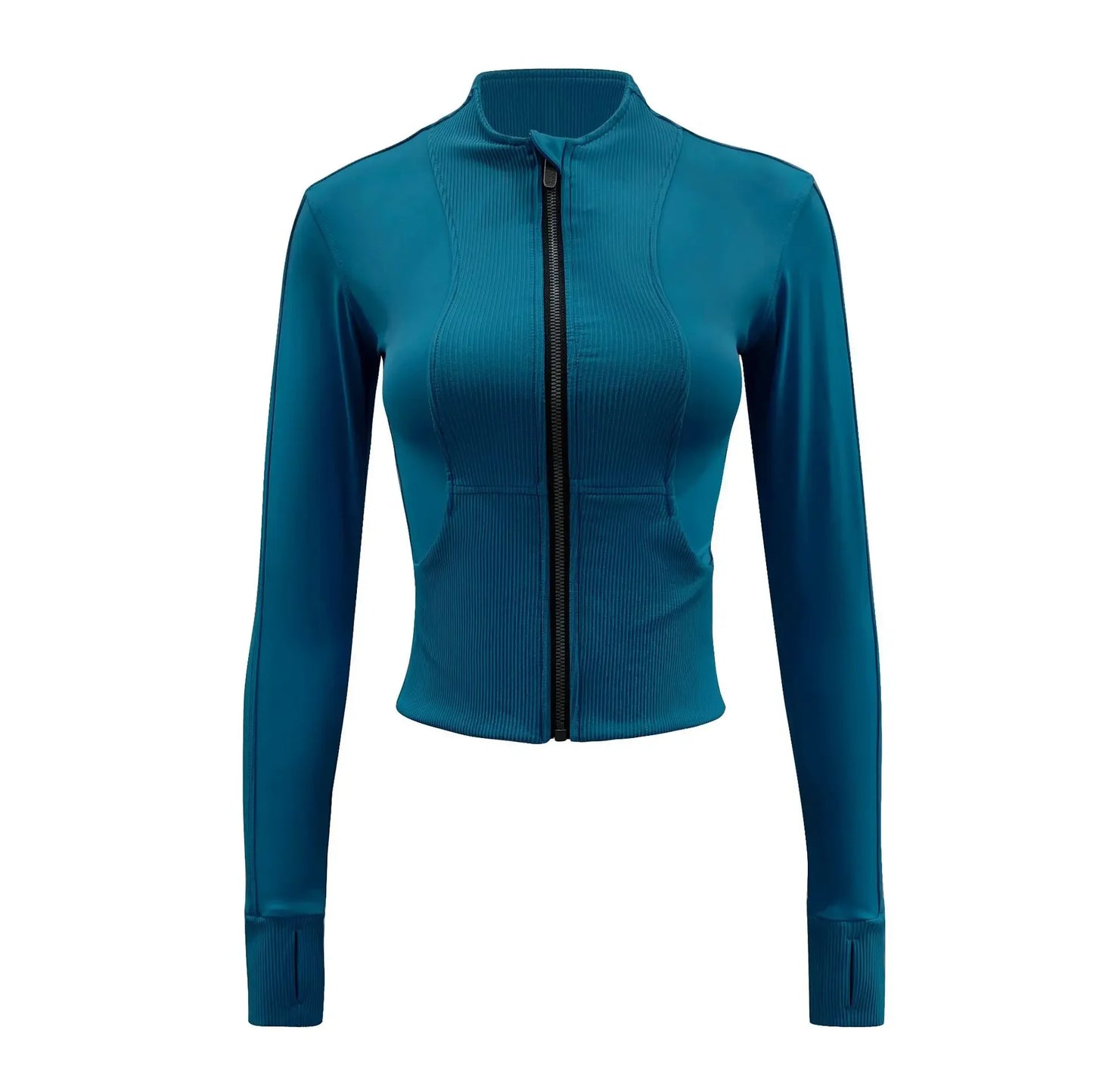 Women Sport Jackets Zipper Slim Yoga Jacket Long Sleeves Thumb Hole Running Sweatshirts Elastic Textured Gym Fitness Coat Female