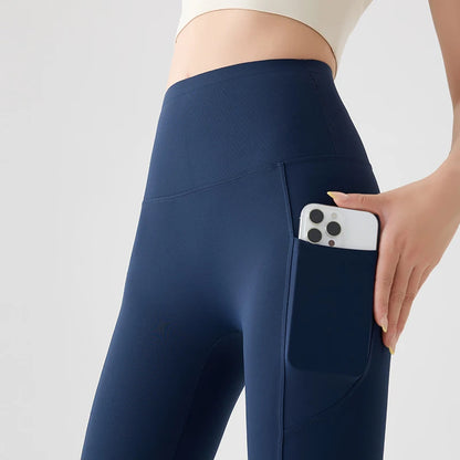 BIVIGAOS Spring Autumn Double Side Pocket Sharkskin Leggings Women Tight Elastic High Waist Sports Fitness Running Leggings
