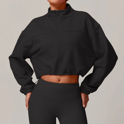 Women Sports Short Coat Long Sleeve Zipper Up Drawstring Jacket Running Outdoor Sweatshirts Girls Gym Fitness Tops Coat Jacqueta