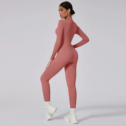 Ribbed Gym Jumpsuits Zipper Sport Romper Longsleeve Fitness Jumpsuit Ladies Workout Overalls Sportwear One Piece Suit