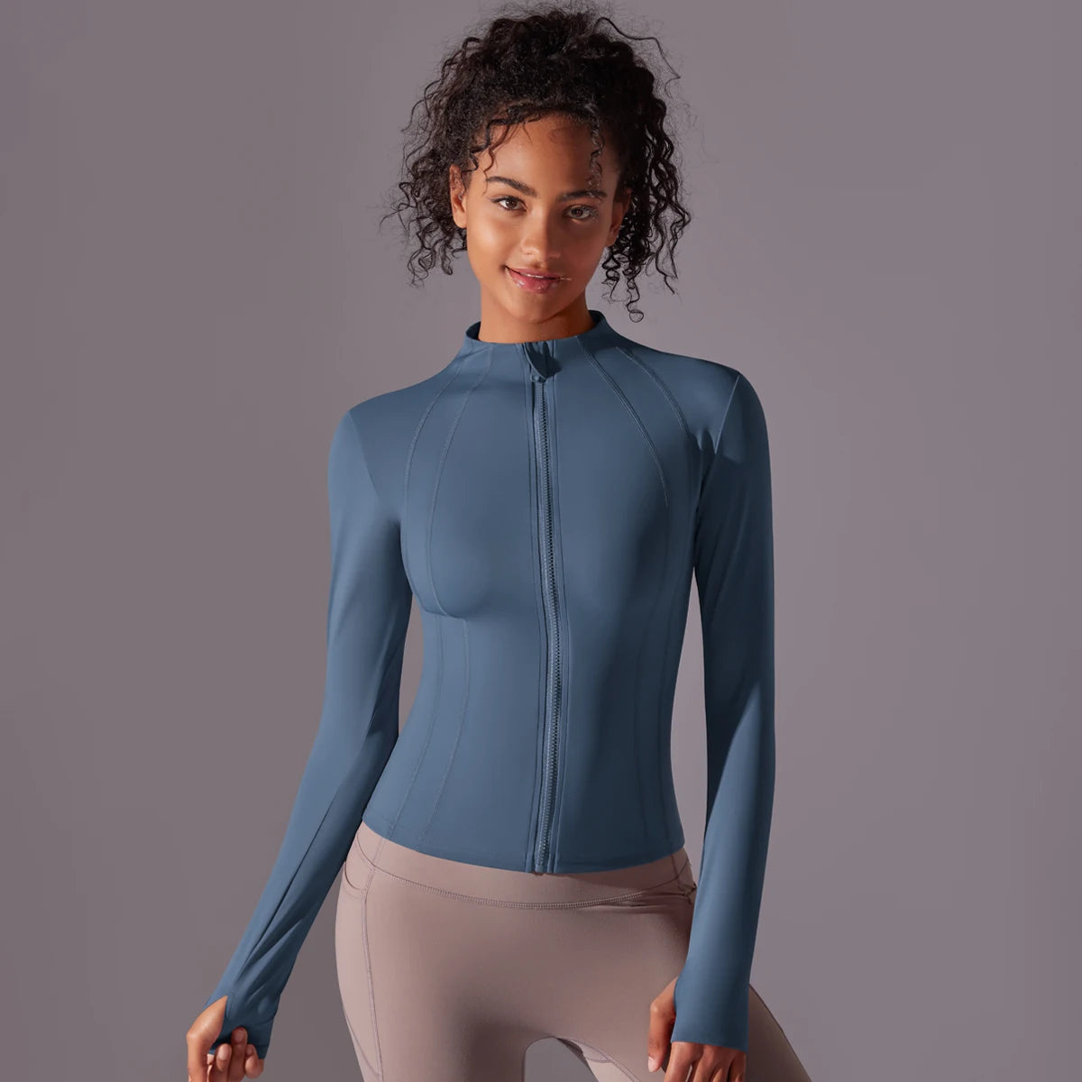 Gym Women's Full Zip Yoga Top With Thumbholes Fitness Running Jacket Stretch Fit Long Sleeve Round Neck Top Sportswear Workout