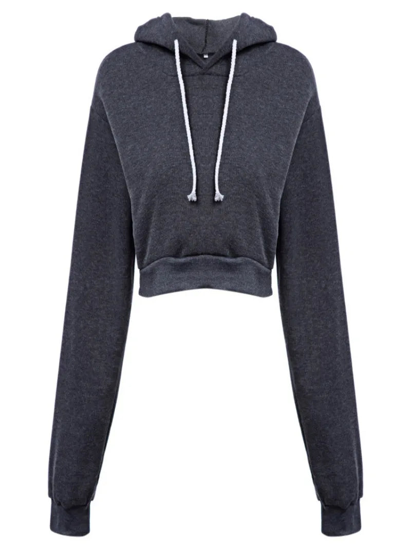 Fashion Women Solid Hoodie Sweatshirt Short Tops Sport Pullover Hooded Streetwear Female Autumn Winter Clothes Crop Tops Hoodie