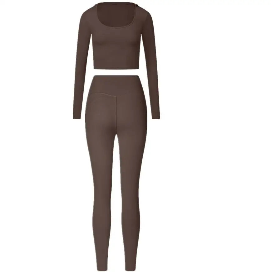 2PCS Hoody Sportswear Long Sleeve Crop Top Women Yoga Set Fitness Bra Workout Clothes Active Gym Legging Athletic Wear Suit XP14