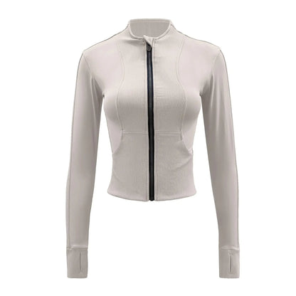 Women Sport Jackets Zipper Slim Yoga Jacket Long Sleeves Thumb Hole Running Sweatshirts Elastic Textured Gym Fitness Coat Female