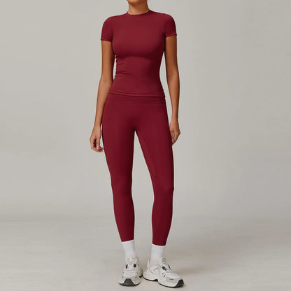 2PCS Yoga Set Women Tracksuits Seamless Workout Set Sportswear Gym Clothing Fitness Sshort Sleeve Crop Top High Waist Leggings