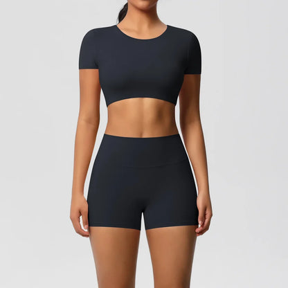 Yoga Suit Women Leggings with Pocketed Quick-Drying Gym Set Women Tracksuit Running Workout Short Sleeves Sports Yoga Clothing