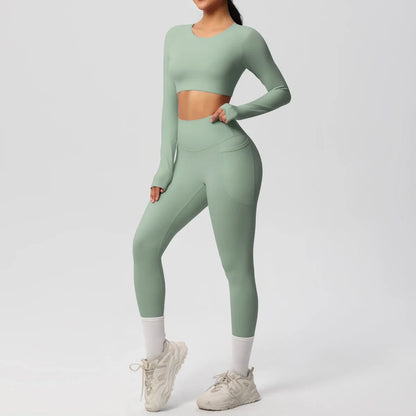 Yoga Set Women Sportswear Yoga Clothes Fitness Long Sleeve With Padded Tracksuits Sports Suit Gym Top High Waist Leggings Pocket