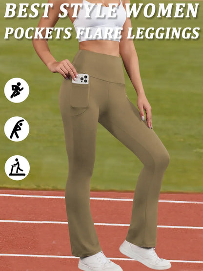 Women's Super Soft Flare Pants with Pockets High Waisted Tummy Control Workout Yoga Push Up Gym Fitness Leggings Bell Bottoms