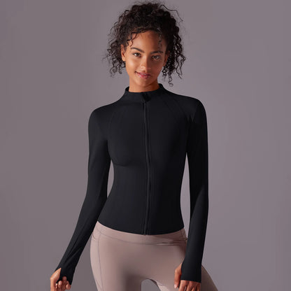 Gym Women's Full Zip Yoga Top With Thumbholes Fitness Running Jacket Stretch Fit Long Sleeve Round Neck Top Sportswear Workout