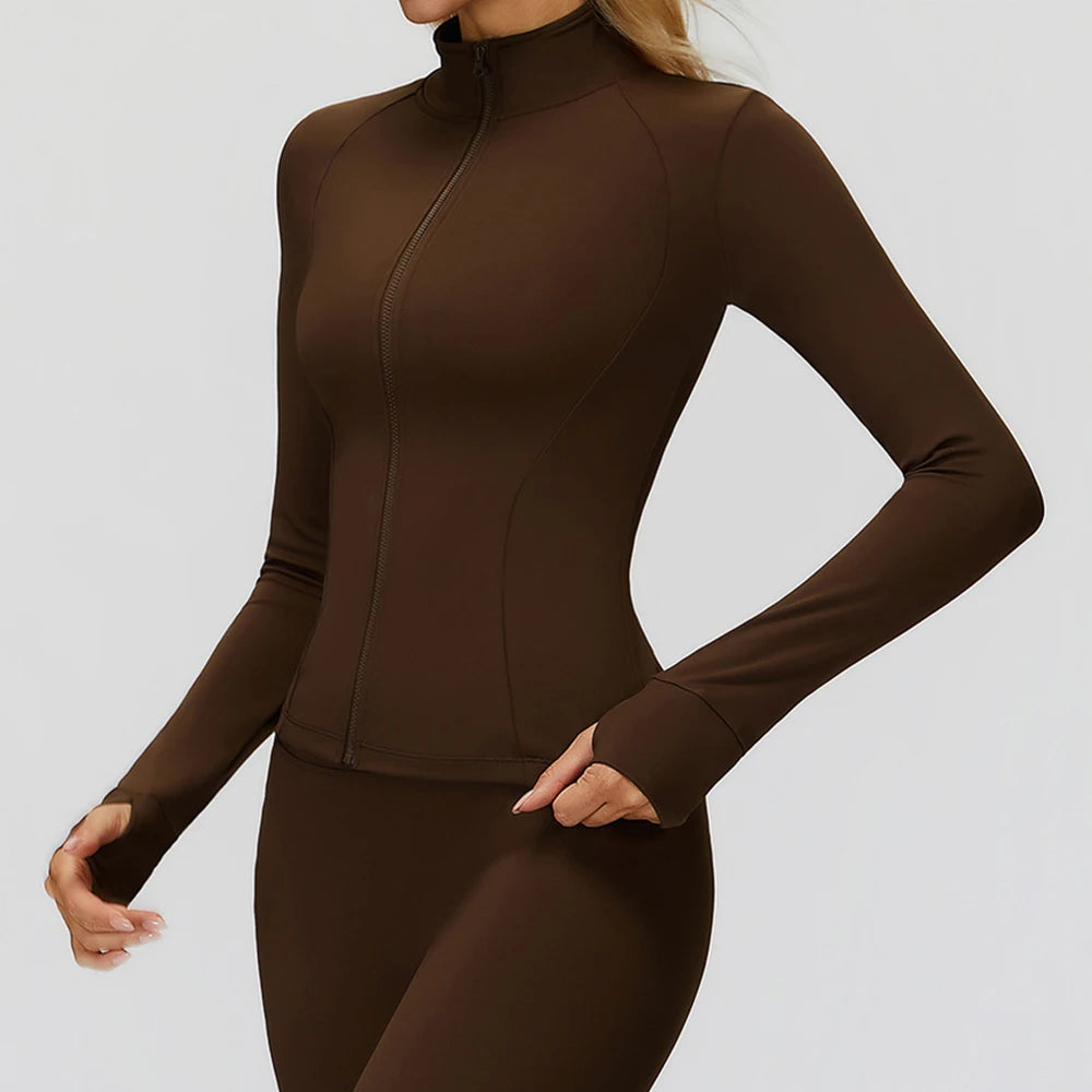 Women's Shirts Full Zipper Yoga Top With Thumbholes Fitness Running Jacket Stretch Slim Fit Long Sleeve Gym Top Women Sportswear