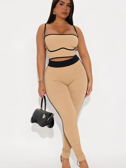 Doyerl Striped Knitted Tracksuit Woman Two Piece Set Sporty Fitness Camisole Crop Top and Sweatpants Joggers Running Yoga Sets