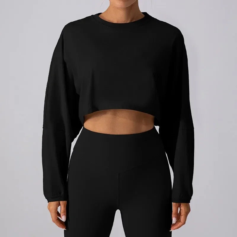 Women Sport O-neck Hoodie Long Sleeve Crop Short Shirt Yoga Running Loose Casual Autunm Outfits Training Workout Gym Sweatshirts