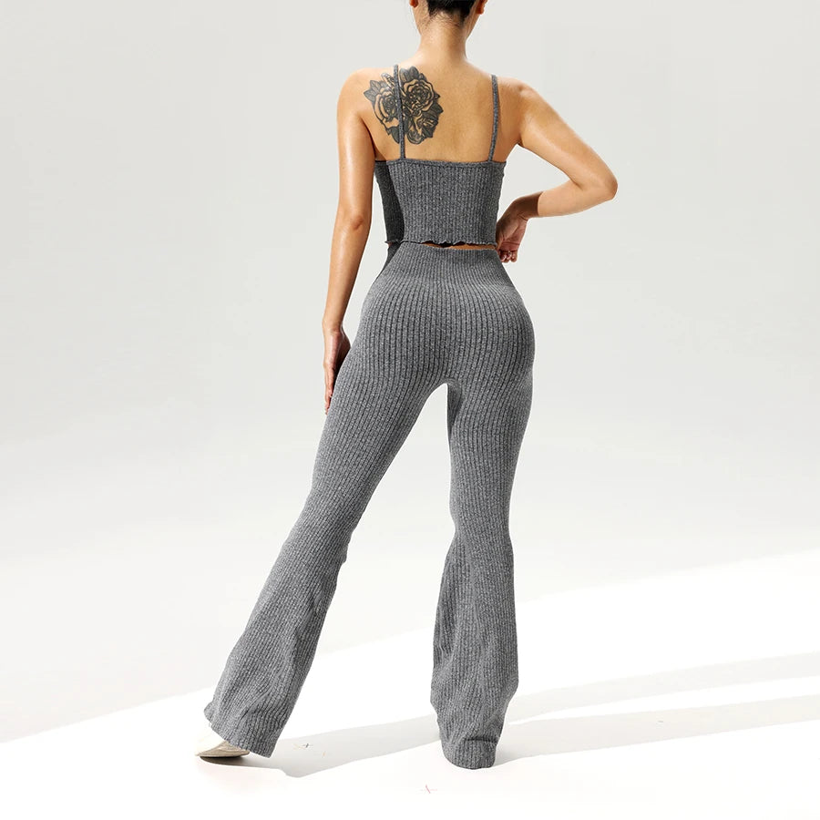 2pcs/set Seamless Flared Pants Ribbed Tank Top Outfit Women Gym Yoga Clothes Flared Trousers Vest Set Sexy for Clubs Date Nights