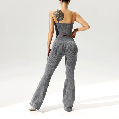 2pcs/set Seamless Flared Pants Ribbed Tank Top Outfit Women Gym Yoga Clothes Flared Trousers Vest Set Sexy for Clubs Date Nights