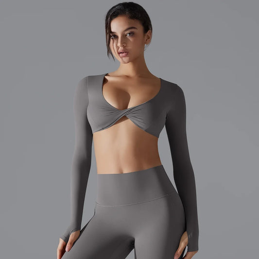 Sexy Cross Long Sleeve Sports Bra Push Up Yoga Crop Top Women Fitness Gym Workout Tops Women Brassiere Sport Female Clothing