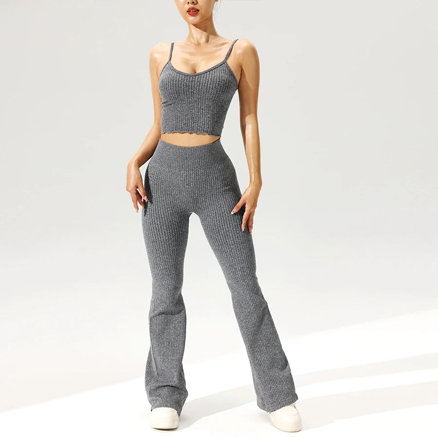 2pcs/set Seamless Flared Pants Ribbed Tank Top Outfit Women Gym Yoga Clothes Flared Trousers Vest Set Sexy for Clubs Date Nights