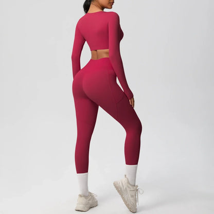 Yoga Set Women Sportswear Yoga Clothes Fitness Long Sleeve With Padded Tracksuits Sports Suit Gym Top High Waist Leggings Pocket