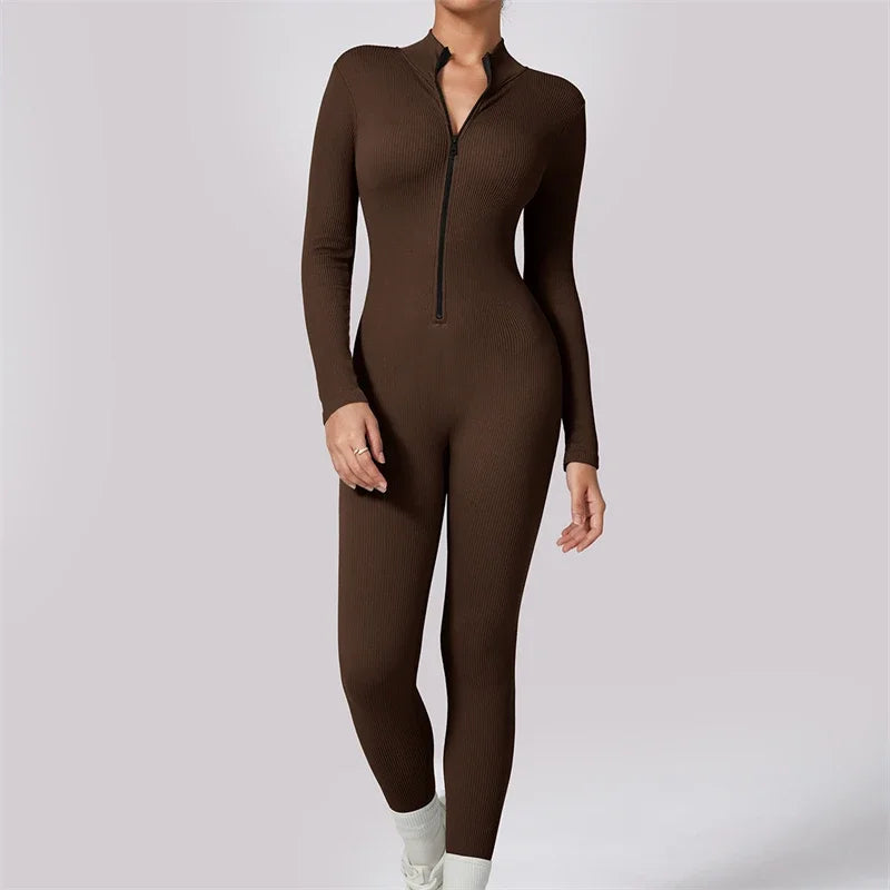 Ribbed Gym Jumpsuits Zipper Sport Romper Longsleeve Fitness Jumpsuit Ladies Workout Overalls Sportwear One Piece Suit