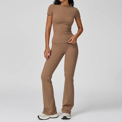 2PCS Yoga Set Women Tracksuits Seamless Workout Set Sportswear Gym Clothing Fitness Sshort Sleeve Crop Top High Waist Leggings