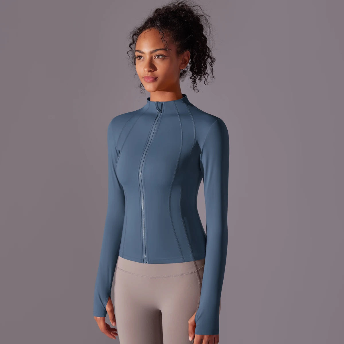 Gym Women's Full Zip Yoga Top With Thumbholes Fitness Running Jacket Stretch Fit Long Sleeve Round Neck Top Sportswear Workout