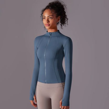 Gym Women's Full Zip Yoga Top With Thumbholes Fitness Running Jacket Stretch Fit Long Sleeve Round Neck Top Sportswear Workout