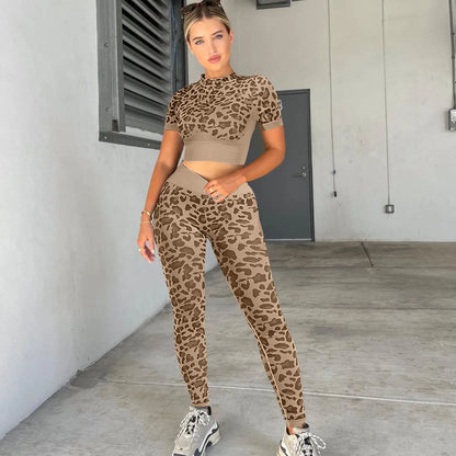 Leopard 2 Piece Yoga Set for Women Workout Clothing Sports Outfits Gym Crop Top Fitness Tracksuits Seamless Leggings Activewear