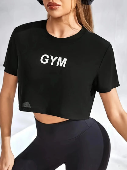 Women's Casual Printed Crop Top Athletic Style Short Sleeve Round Neck Gym T-Shirt for Workout & Fitness