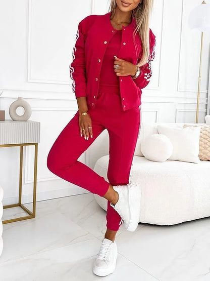 Sport Casual 3 Piece Set Sweatshirt 2025 Solid Color Striped Hooded Jacket + Tank Vest + Slim Trousers Lady Tracksuit Outfit