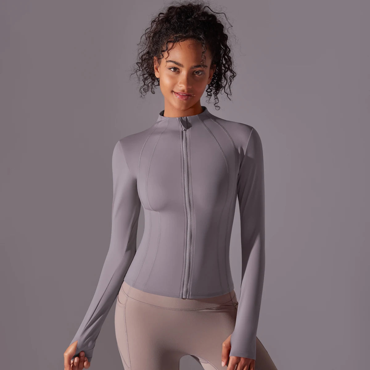 Gym Women's Full Zip Yoga Top With Thumbholes Fitness Running Jacket Stretch Fit Long Sleeve Round Neck Top Sportswear Workout
