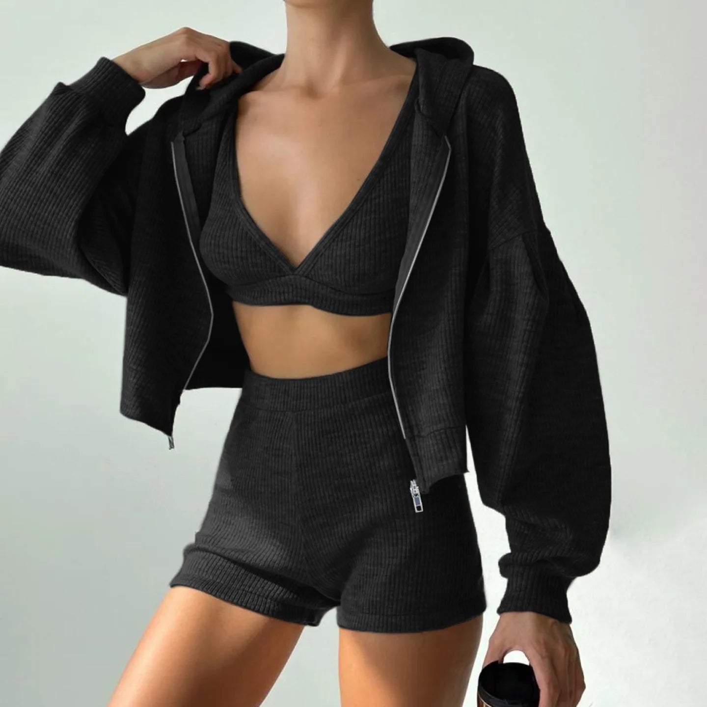 Solid Sport 3 Piece Set Crop Vest Hoodie Tracksuit Women Casual Sweatshirt Coat Mini Short Matching Set Sportswear 3 PCS Outfit