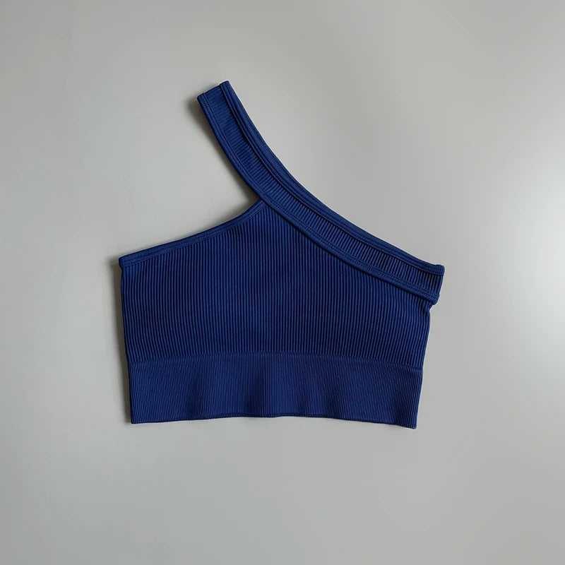 Women's Cropped Yoga Bra Sexy One Shoulder Sports Bra Underwear Padded Gym Seamless Knitted Fitness Breathable Female Bra