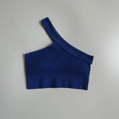 Women's Cropped Yoga Bra Sexy One Shoulder Sports Bra Underwear Padded Gym Seamless Knitted Fitness Breathable Female Bra