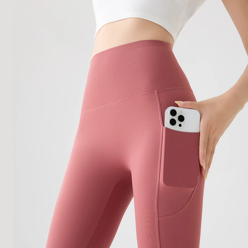 BIVIGAOS Spring Autumn Double Side Pocket Sharkskin Leggings Women Tight Elastic High Waist Sports Fitness Running Leggings