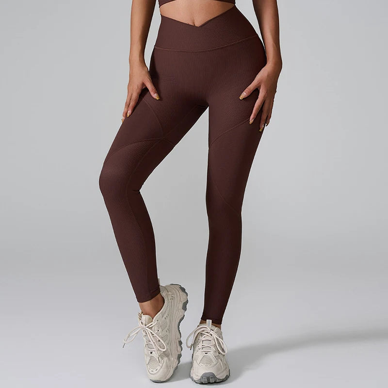 Ctenkevet V-Waisted Sports Pants Women Workout Ribbed Legging Gym Training Yoga Pants Female Casual Tight Pants Outdoor Run
