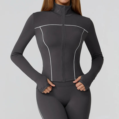 Women Sport Jacket Zipper Yoga Coat Clothes Quick Dry Fitness Jacket Running Long Sleeves Thumb Hole Sportwear Gym Workout Top