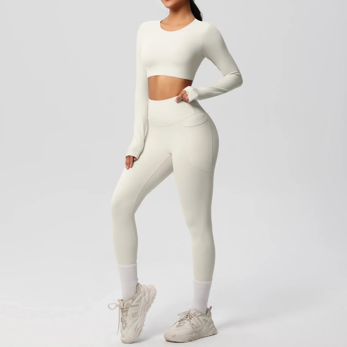 Yoga Set Women Sportswear Yoga Clothes Fitness Long Sleeve With Padded Tracksuits Sports Suit Gym Top High Waist Leggings Pocket